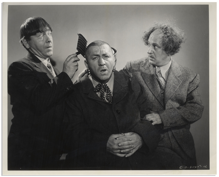Moe Howard Personally Owned Lot of Five 10'' x 8'' Glossy Photos From the 1946 Three Stooges Films ''The Three Troubledoers'' & ''Beer Barrel Polecats'' -- Very Good Plus Condition